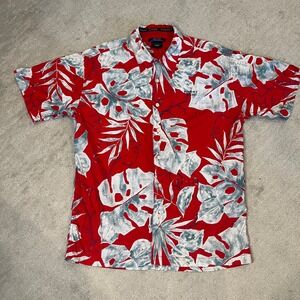 Tommy Jeans Mens Large Shirt Red Tropical Palm Leaf Island Beach Hawaiian Cruise